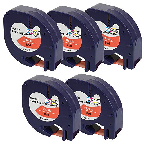 Prestige Cartridge 5 x Kunststoff-Etiketten 91203 91223 S0721680 S0721630 schwarz auf rot (12mm x 4m) kompatibel für LetraTag LT110T, LT100H, LT100T, QX50, XR, XM, 2000 von PRESTIGE CARTRIDGE