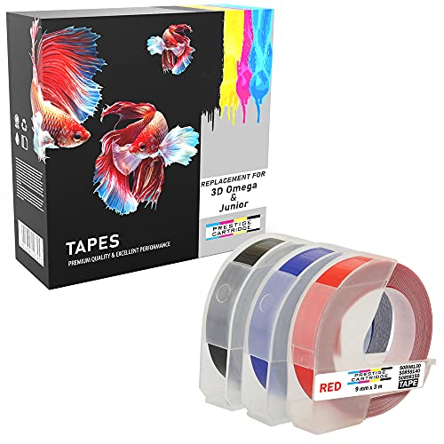 Prestige Cartridge S0847750 3er Set 3D Prägeband Weiß auf Schwarz Rot Blau 9mm x 3m kompatibel für Prägegeräte Junior und Omega von PRESTIGE CARTRIDGE