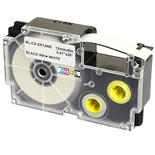 Schriftband-Kassette XR-12WE XR-12WE1 schwarz auf weiß (12mm x 8m) kompatibel für Casio KL-60 70E 100 100E 120 200 200E 300 750 780 820 2000 7000 7200 7400 8100 8200 P1000 C500 CW-L300 von PRESTIGE CARTRIDGE