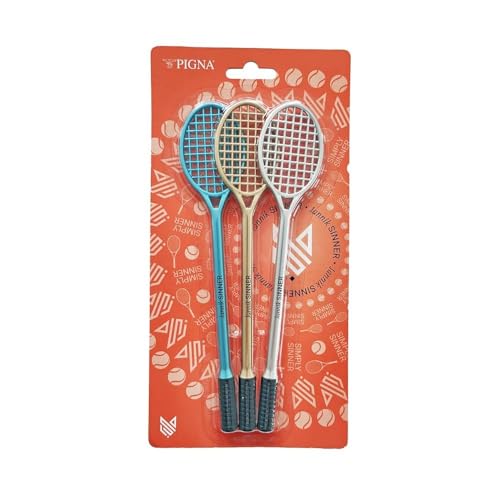 Jannik Sinner Tennis Kugelschreiber in Form eines Schlägers, für Schule, Büro, Arbeit, Blau, 3 Stück + Schlüsselanhänger von PRESTIGE & DELUXE