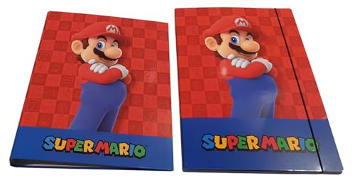 Ordner kompatibel mit Super Mario Yoshi 4 Ringen für die Schule + elastische Mappe + Gratis Schlüsselanhänger Mario oder Luig von PRESTIGE & DELUXE