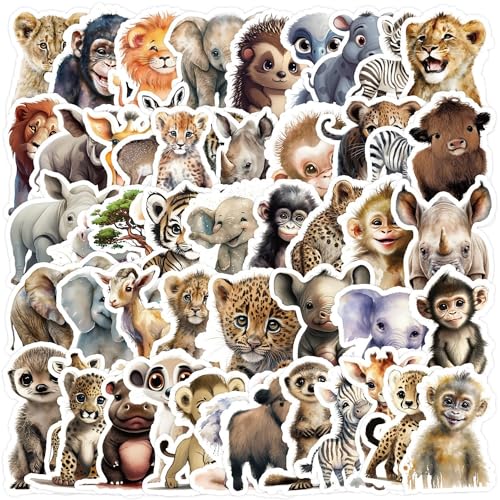 PRETTYSUNSHINE Tiere Sticker 50 Stück, Kawaii Löwe Tiger Elefant Aufkleber für Scrapbook Journal Fahrrad Koffer Helm Laptop Skateboard Auto Motorrad Stickerbomb Wasserfest Decals von PRETTY SUNSHINE