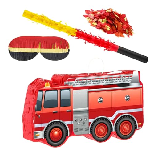 PRETYZOOM 1 Satz Feuerwehrwagen Pinata mit Augenbinde Stock und Konfetti Kindergeburtstagsfeier Dekoration für Jungen Feuerwehr Themenparty Shower Zubehör von PRETYZOOM