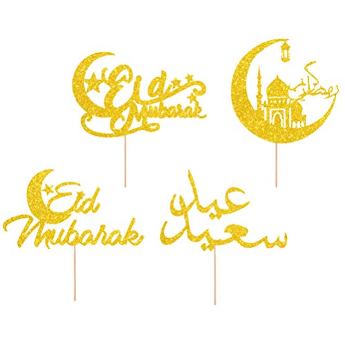 PRETYZOOM 4 Stück Eid Mubarak Cupcake Topper Ramadan Kuchen Topper Muslimischen Gold Glitzer Tortenaufsatz Kuchen Sticks Islamische Torte Picks Kuchendeckel für Muslime Party Torten Dekoration von PRETYZOOM