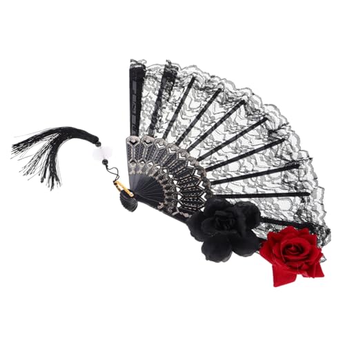 PRETYZOOM Victorian Spitzenfächer Handfächer Damen Gothic Lolita Stil Faltbar mit Eleganter Spitze und Quaste für Halloween Party Tanz Brautfächer Vintage Dekoration von PRETYZOOM