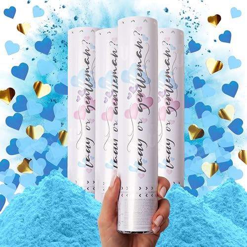 PrimePure Gender Reveal Konfettikanone – Biologisch abbaubares Pulver und Herzförmige Konfetti Kanone – Blau 4er Pack – Geschlechtsverkündung Baby, Rauchbomben für Baby Jungen von PRIMEPURE