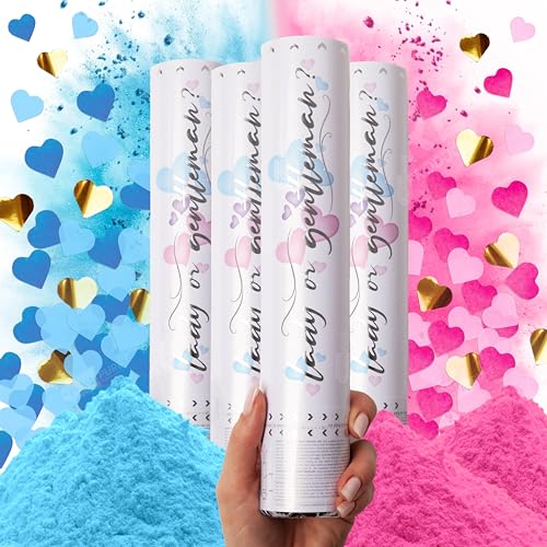 PrimePure Gender Reveal Konfettikanone – Biologisch abbaubares Pulver und Herzförmige Konfetti Kanone – Blau oder Rosa 4er Pack – Geschlechtsverkündung Baby, Rauchbomben für Baby Jungen oder Mädchen von PRIMEPURE