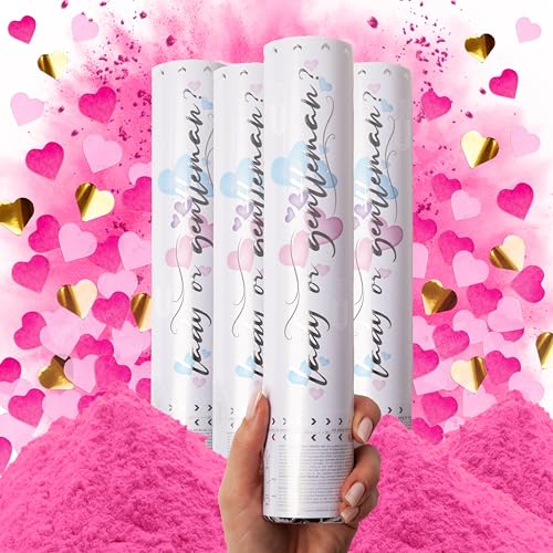 PrimePure Gender Reveal Konfettikanone – Biologisch abbaubares Pulver und Herzförmige Konfetti Kanone - Rosa 4er-Pack – Geschlechtsverkündung Baby, Rauchbomben für Baby Mädchen von PRIMEPURE