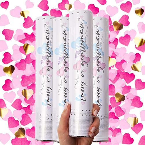 PrimePure Gender Reveal Konfettikanone – Herzförmige Konfetti Kanone – Rosa, 4er Pack – Konfettikanonen für Geschlechtsverkündung Baby Mädchen von PRIMEPURE
