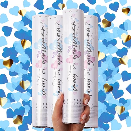 PrimePure Gender Reveal Konfettikanone – Herzförmige Konfetti Kanone – Blau, 4er Pack – Konfettikanonenfür Geschlechtsverkündung Baby Jungen von PRIMEPURE