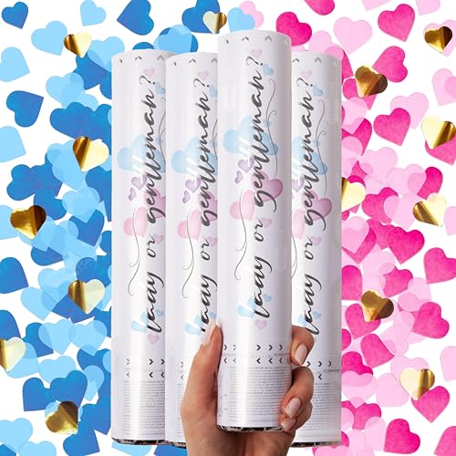 PrimePure Gender Reveal Konfettikanone – Herzförmige Konfettikanone – Blau oder Rosa, 4 Stück – Herz Konfetti Kanonen für Geschlechtsverkündung Baby Jungen oder Mädchen von PRIMEPURE
