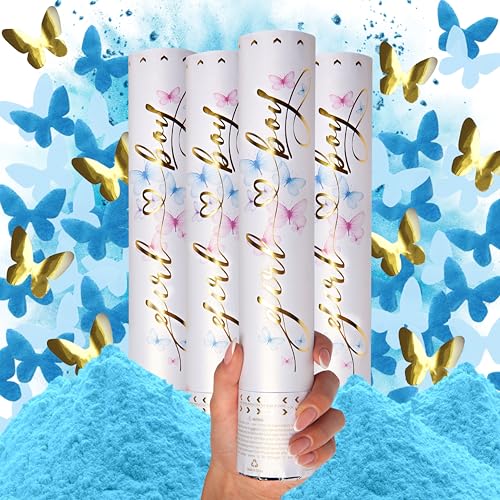 PrimePure Gender Reveal Konfettikanone - Biologisch abbaubares Pulver & Schmetterlingsförmige Konfetti Kanone - Blau, 4er Pack – Rauchbomben für Geschlechtsverkündung Baby Jungen von PRIMEPURE