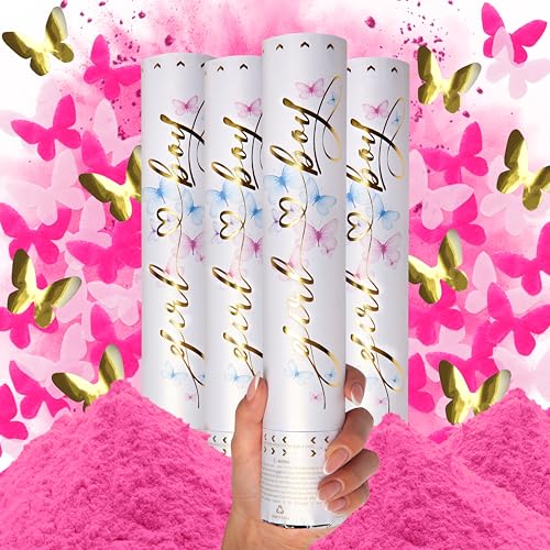 PrimePure Gender Reveal Konfettikanone - Biologisch abbaubares Pulver & Schmetterlingsförmige Konfetti Kanone - Rosa, 4er Pack – Rauchbomben für Geschlechtsverkündung Baby Mädchen von PRIMEPURE