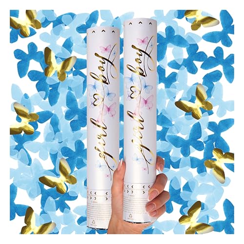 PrimePure Gender Reveal Konfettikanone - Schmetterlingsförmige Konfetti Kanone - Blau, 2er Pack – Konfettikanonen für Geschlechtsverkündung Baby Jungen von PRIMEPURE