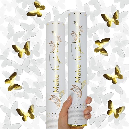PrimePure Konfettikanone Weiß und Gold in Schmetterlingsform – 2er Set – Party Konfetti Kanone für Hochzeiten, Geburtstage und Festliche Veranstaltungen von PRIMEPURE