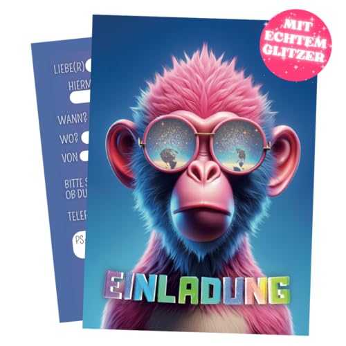 PRINTNOVIA 12x Funkelnde Affen-Einladungskarten für Kindergeburtstag & Party - Coole Einladung für Feiern & Kinderfestlichkeiten - Perfektes Einladungsset mit Glitzerspaß von PRINTNOVIA