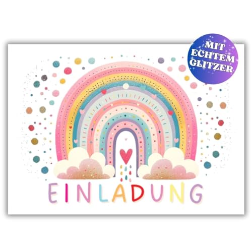 PRINTNOVIA 12x GLITZER REGENBOGEN Einladungskarten für Kindergeburtstag und Party – Buntes Regenbogen-Design für Jungen und Mädchen mit Glitzerlack von PRINTNOVIA