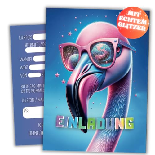 PRINTNOVIA 12x Glitzernde Flamingo-Einladungskarten für Kindergeburtstag & Party - Stilvolle Einladungen für Feiern - Perfektes Einladungsset mit Funkelnder Eleganz von PRINTNOVIA