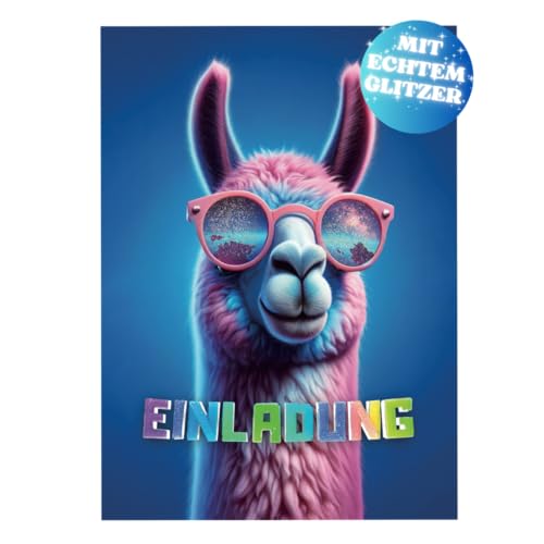 PRINTNOVIA 12x Glitzernde Lama-Einladungskarten für Kindergeburtstag & Party - Coole Einladungen für Festlichkeiten - Perfektes Einladungsset mit Glitzereffekt von PRINTNOVIA