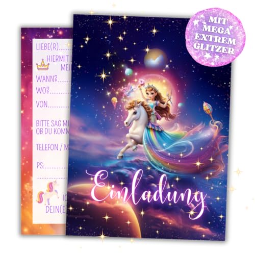 PRINTNOVIA 12x GLITZER Einladungskarten Prinzessin-Einhorn für Mädchen - Traumhaftes Design für Kindergeburtstage - Bezauberndes Einladungsset von PRINTNOVIA
