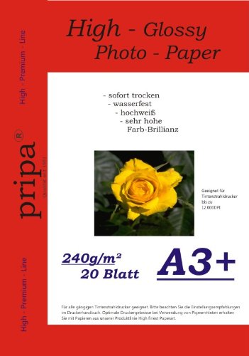 pripa 20 Blatt A 3 +, 480 x 330 mm, 240g, high-glossy (hoch-glänzend) - sofort trocken - wasserfest - hochweiß - sehr hohe Farbbrillianz, fuer InkJet Drucker (Tintenstrahldrucker). von PRIPA