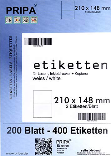 pripa Etikettenformat 210 x 148 mm - 200 Blatt DIN A4 Selbstklebende Etiketten - 400 Etiketten (200) von PRIPA