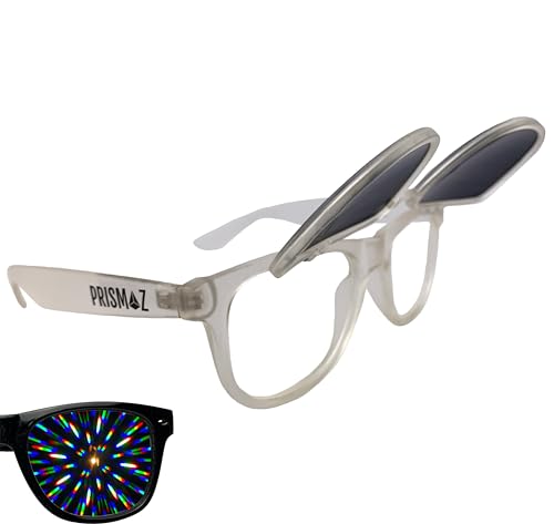 PRISMAZ Hochklappbare Beugungsbrille Für Fantastische Regenbogen Kaleidoskop Effekte - Als Festival Rave Feuerwerk Party Accessoire (Matt Transparent (Sonnenbrille Oben)) von PRISMAZ
