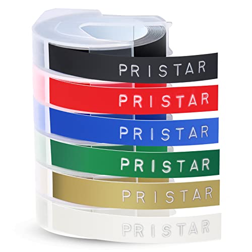 6X Pristar 9mm Kompatible Prägeband für Dymo 3D Kunststoff Prägebändern Selbstklebend Etikettenband Weiß auf Schwarz/Rot/Blau/Gelbem/Gold/Transparen für Dymo Omega und Junior Motex von Pristar