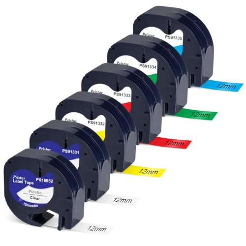 Pristar Schriftband Kompatibel für Dynmo 200B XR LT-100H LT-100T LT100-H LT-110T QX50 XM 2000 80 Kompatibel für Dynmo Kunststoff Etikettenband 16951 91221 91222 91223 91224 91225 12mm x 4m von Pristar