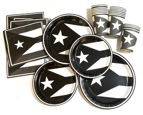Puerto Rico Black Flag Party Supplies Set Boricua Teller Puerto Rican Servietten Becher Geschirr Einweg 72 pcs Kit Einweg Boricua Thema Event Zubehör von PRK 14