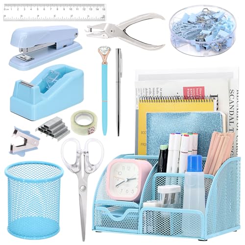 Proaustin 13-in-1 Schreibtisch-Organizer-Set mit Hefter und Klebebandspender, Stifthalter, Schere, Lineal, Locher, 2 Stifte und mehr Schreibtischzubehör für den Schulanfang (schwarz) von PROAUSTIN