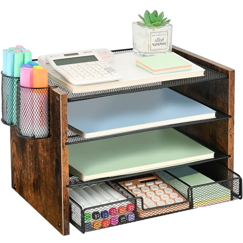 Proaustin OPNCIE Schreibtisch-Organizer und Zubehör, 4-stöckige Papier-Briefablage, Akten-Organizer mit Schublade und 2 Stifthalter, Büro-Schreibtisch-Zubehör, Arbeitsplatz, Schreibtisch-Organizer für von PROAUSTIN