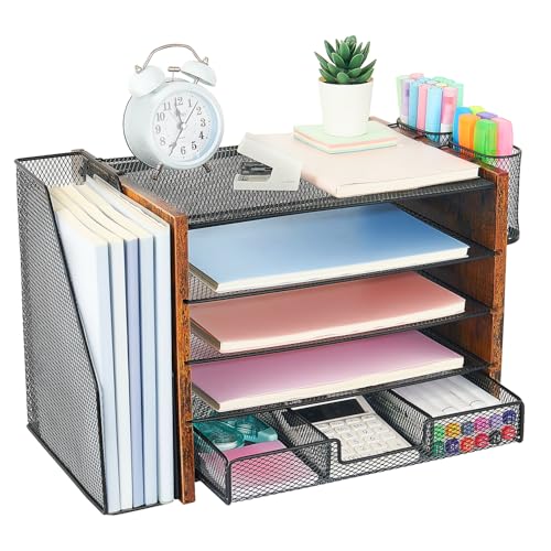 Schreibtisch-Organizer und Zubehör aus Holz mit Aktenordner, 5-stöckiger Papier-Organizer mit Schublade und Stifthalter, Büro-Schreibtisch-Zubehör, Arbeitsplatz, Schreibtisch-Aufbewahrung für von PROAUSTIN