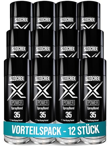 PROCREA® 12x Sprühkleber "X35 Power" extra stark [Transparent & Schnelltrocknend] Wasserfester & hitzebeständiger Industriekleber für Dachhimmel, Stoff, Schaumstoff, Filz uvm. - Profi-Qualität von PROCREA