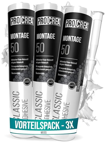 PROCREA® 3x Montagekleber "Montage 50" [Haftstarker Baukleber bis 35 kg/qm] Extra starker Kleber für Styropor, Akustikpaneele, Sockelleisten, Holz, Stein, Fliesen uvm. - weiß & überstreichbar von PROCREA
