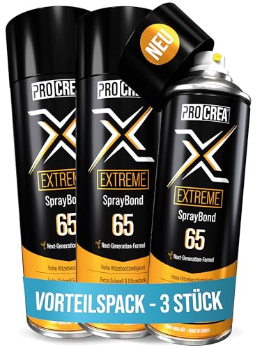 PROCREA® 3x Premium Sprühkleber "X65 Extreme" [Hitzebeständig bis 110°] Extra starker & schneller Industriekleber für Dachhimmel, Stoff, Schaumstoff uvm. - Kein Durchschlagen - Wasserfest von PROCREA