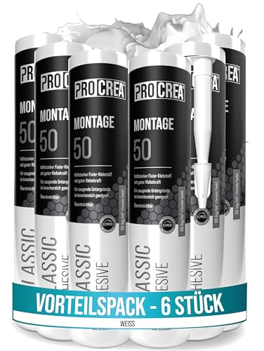 PROCREA® 6x Montagekleber "Montage 50" [Haftstarker Baukleber bis 35 kg/qm] Extra starker Kleber für Styropor, Akustikpaneele, Sockelleisten, Holz, Stein, Fliesen uvm. - weiß & überstreichbar von PROCREA