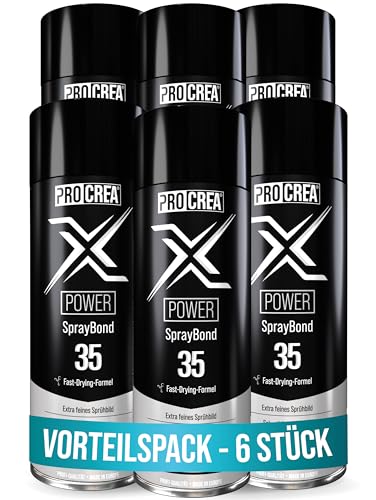 PROCREA® 6x Sprühkleber "X35 Power" extra stark [Transparent & Schnelltrocknend] Wasserfester & hitzebeständiger Industriekleber für Dachhimmel, Stoff, Schaumstoff, Filz uvm. - Profi-Qualität von PROCREA