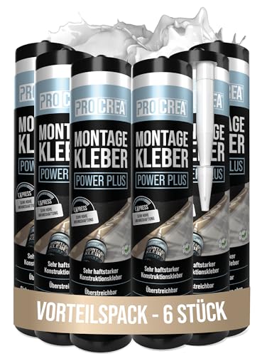 PROCREA® 6x Montagekleber "Power Plus" [Kleben statt Bohren] Haftstarker Baukleber auf Basis von Acrylatdispersion - Extra starker Sofortkleber für Sockel, Stuck, Styropor, Holz - Made In Germany von PROCREA