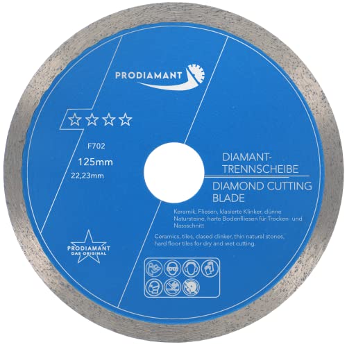 PRODIAMANT Profi Diamant-Trennscheibe PRORIM 125 mm x 22,23 mm kein ausbrechen bei glasierten Fliesen Feinsteinzeug Keramik Diamanttrennscheibe F702 125mm mit Bohrung 22,23mm von PRODIAMANT