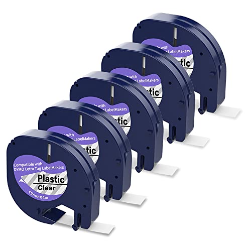 PROFICETIK Replacement for Dymo Letratag Plastic Clear Labels Tape 12267 S0721530 Work for Dymo Letratag LT-100H LT-100T QX50 XR XM 2000 Plus, Black on Clear (Transparent), 12mm x 4m, 5-Pack von PROFICETIK