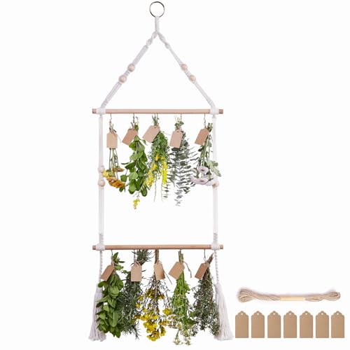 PROTITOUS Kräuter-Abtropfgestell mit 2 Ebenen, Blumen-Trockner, mit 25 braunen Geschenkanhängern und 9,8 m natürlicher Jute-Schnur, Kräutertrockner, Hängender Kräutertrockner, elfenbeinfarben von PROTITOUS