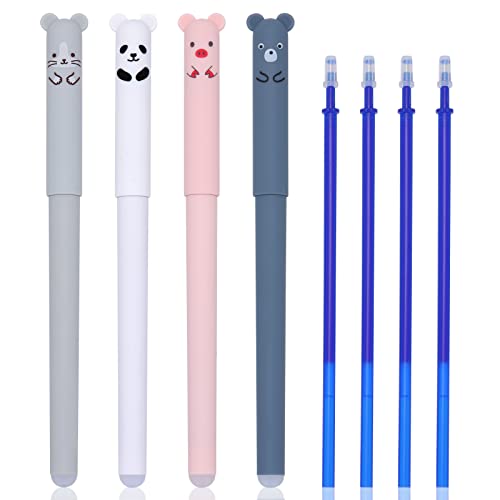 PROUSKY Löschbare Kugelschreiber & Nachfüllminen, nachfüllbare löschbare Gelschreiber Cartoon niedliche Tier-Panda-Muster-Gelschreiber für Kinder, Studenten, Schüler (4 Blau + 4 Minen) von PROUSKY