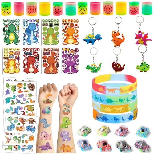 PRXYVLQT 48 Stücke Kindergeburtstag Mitgebsel Set,Dinosaur Tattoos,Rainbow Spring, Pull Back Car,Cartoon Dinosaurier Gesicht tauschen,Keychain, Bracelet，Party Geschenke von PRXYVLQT