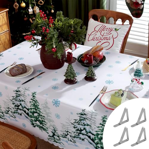 PRZRAO Weihnachtstischdecke 150x220cm,Weiß Tischdecke Weihnachten mit 4 Tischdeckenclips,Weihnachtsdekoration,Winter-Fleckschutz-Tischwäsche,Dekoration für die Weihnachtsfeier von PRZRAO