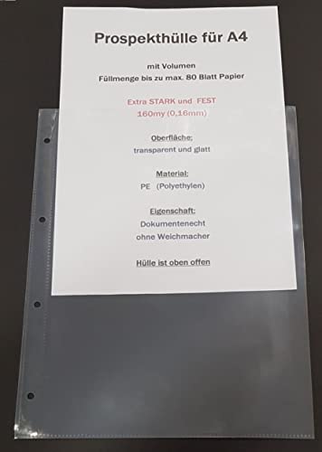 100x A4 Prospekthülle mit Volumen, feste Ausführung, 160my (0,16mm) TRANSPARENT GLATT, Klarsichthülle mit Abheftrand, Öffnung oben, DOKUMENTENECHT, recycelbar, ohne Weichmacher von PS-Handelshaus