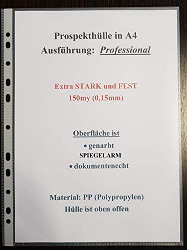 100x SUPER STARKE A4 Prospekthüllen, 150my Klarsichthülle, Abheftrand, dokumentenecht, SPIEGELARM * genarbt * recycelbar von PS-Handelshaus