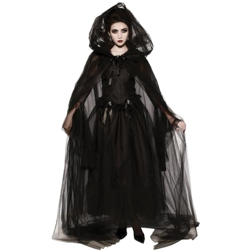 PSFDEWT Hexenkostüm für Frauen 1 Set Vintage Renaissance besticktes Geisterbraut Kostüm gruseliger schwarzer Geist für Halloween, Cosplay, Haunted Mansion, L Witch von PSFDEWT