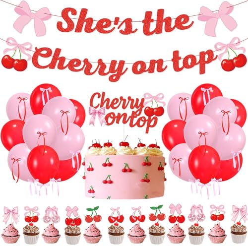 Kirsch-Luftballons, 36 Stück, Kirsch-Geburtstagsdekorationen, "She's The Cherry On Top", Banner, Sommerfrucht, Kirschen, Party-Dekorationen, Kuchendekoration, für Geburtstag, Babyparty, Valentinstag Kirsch-Luftballons, 36 Stück, Kirsch-Geburtstagsdekorationen, "She's The Cherry On Top", Banner, Sommerfrucht, Kirschen, Party-Dekorationen, Kuchendekoration, für Geburtstag, Babyparty, Valentinstag von PSFYRN