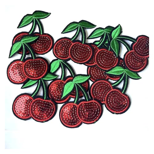 10 Stück Kirsch-Pailletten-Patch, Perlen-Applikationen, bestickte Aufnäher for Aufbügeln for Kleidung(10pcs red cherry) von PSNKLMM